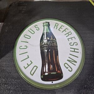 Coca Cola Tin Sign Bottle Delicious Refreshing Round 60"s Look Distressed 12"
